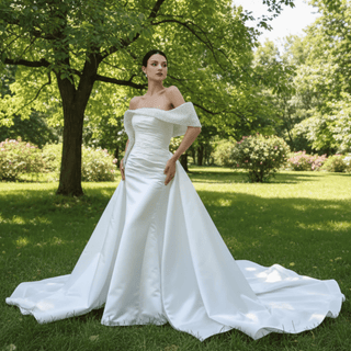 Satin Overskirt Pearl Wedding Dress Off the Shoulder Bridal Gown - Rosymae