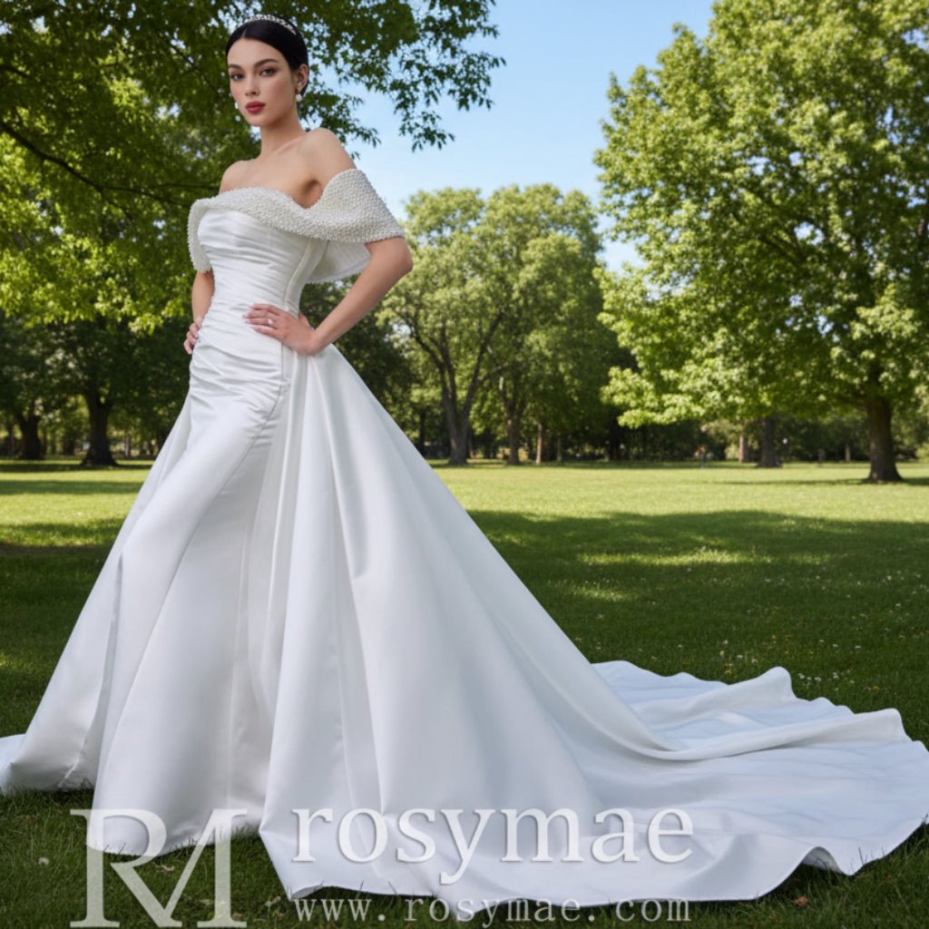Satin Overskirt Pearl Wedding Dress Off the Shoulder Bridal Gown - Rosymae