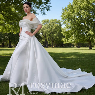 Satin Overskirt Pearl Wedding Dress Off the Shoulder Bridal Gown - Rosymae