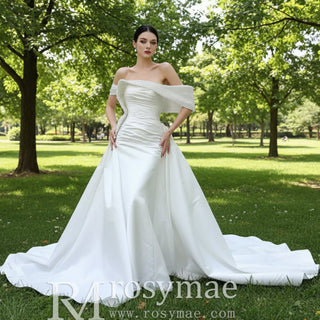 Satin Overskirt Pearl Wedding Dress Off the Shoulder Bridal Gown - Rosymae