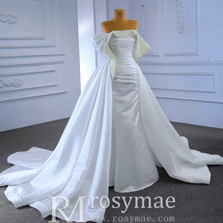 Satin Overskirt Pearl Wedding Dress Off the Shoulder Bridal Gown - Rosymae