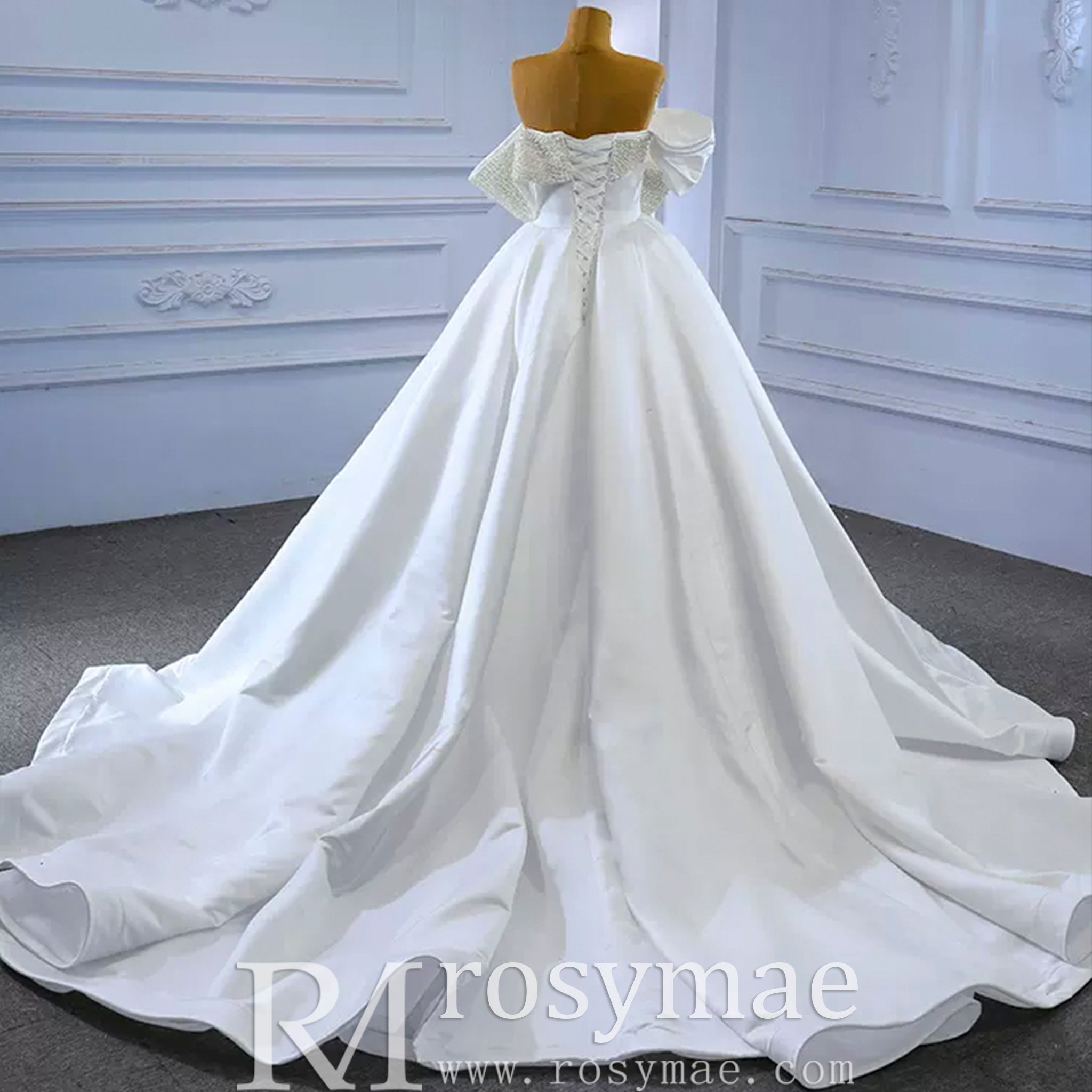 Satin Overskirt Pearl Wedding Dress Off the Shoulder Bridal Gown - Rosymae