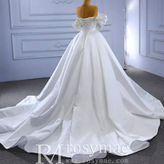Satin Overskirt Pearl Wedding Dress Off the Shoulder Bridal Gown - Rosymae