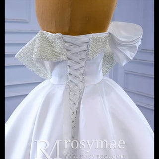 Satin Overskirt Pearl Wedding Dress Off the Shoulder Bridal Gown - Rosymae