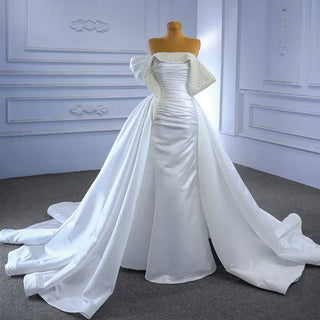 Satin Overskirt Pearl Wedding Dress Off the Shoulder Bridal Gown - Rosymae