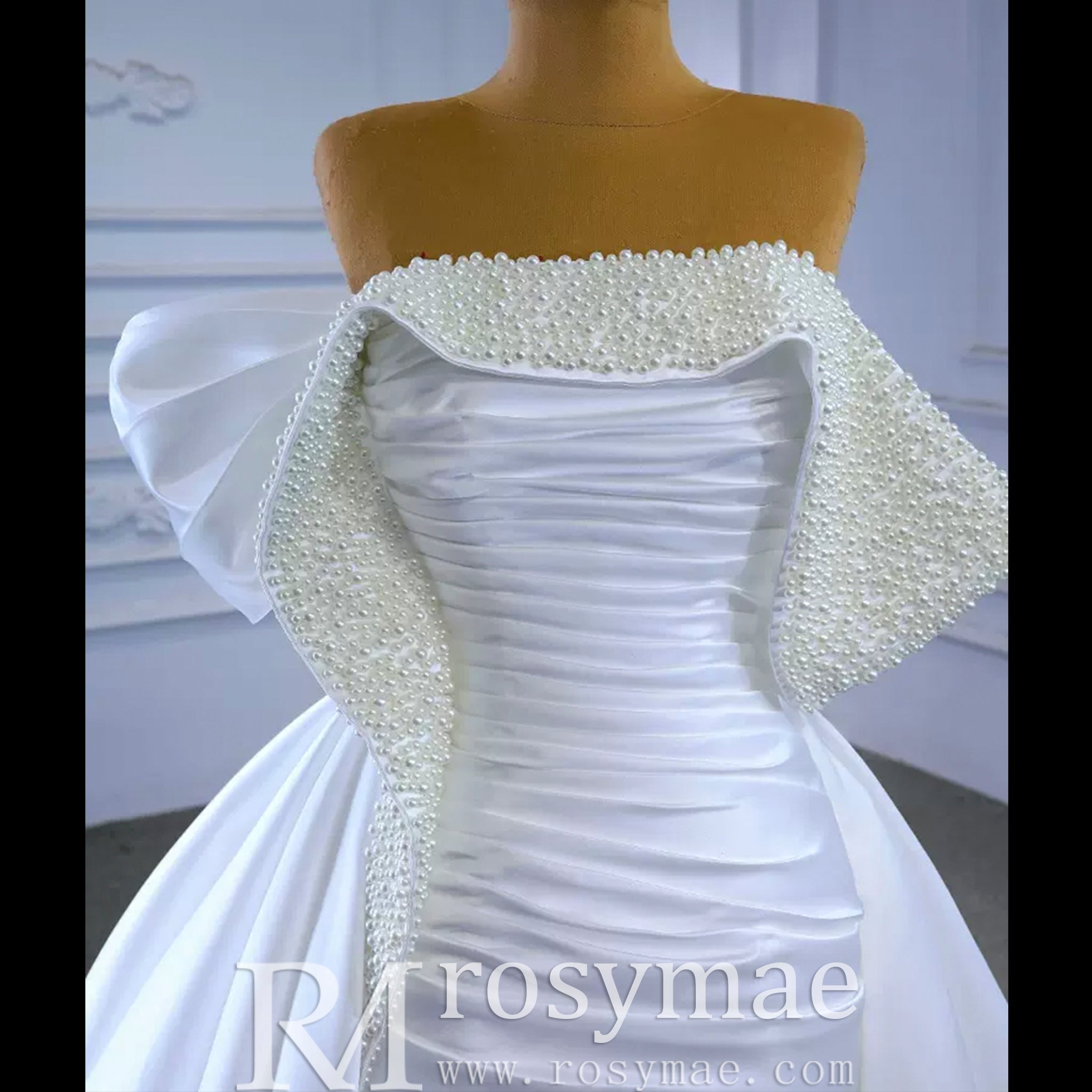 Satin Overskirt Pearl Wedding Dress Off the Shoulder Bridal Gown - Rosymae