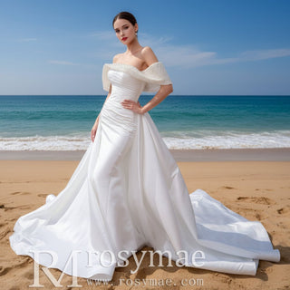 Satin Overskirt Pearl Wedding Dress Off the Shoulder Bridal Gown - Rosymae