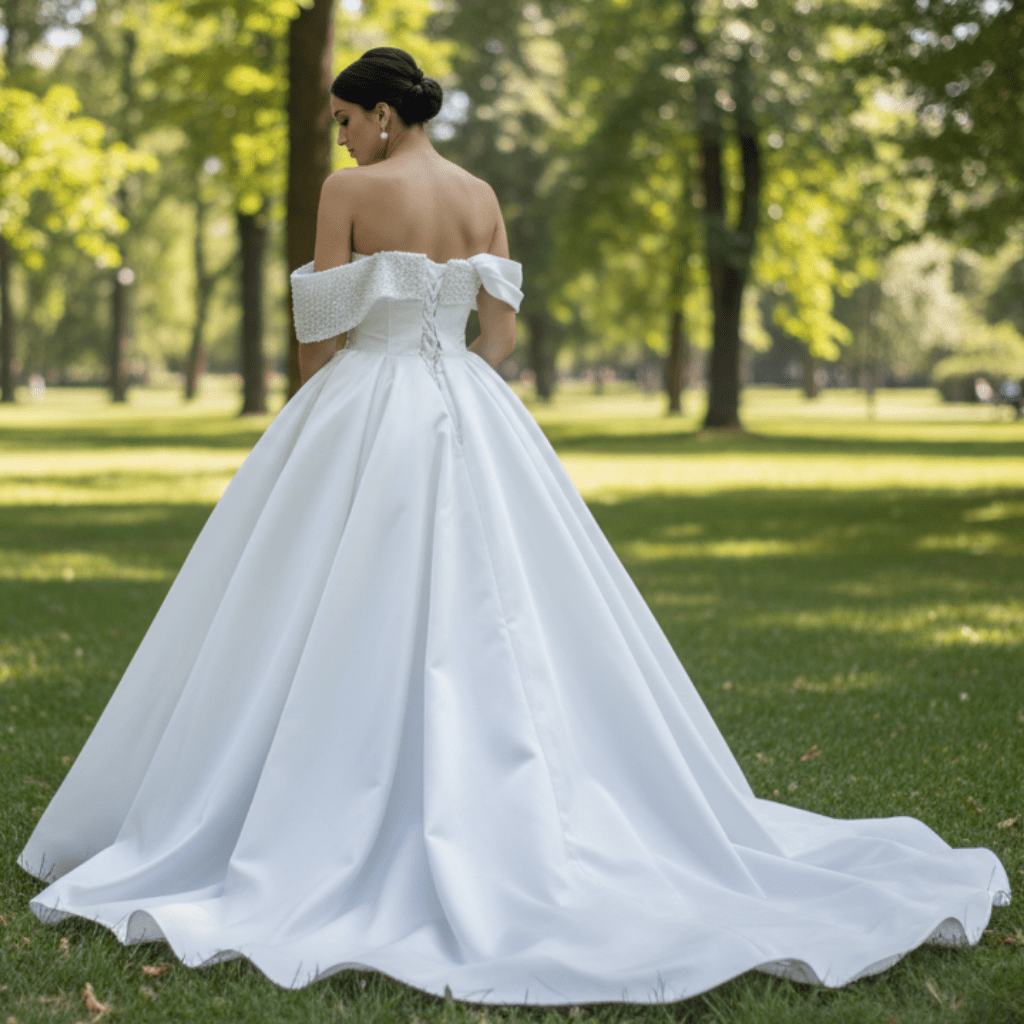 Satin Overskirt Pearl Wedding Dress Off the Shoulder Bridal Gown - Rosymae