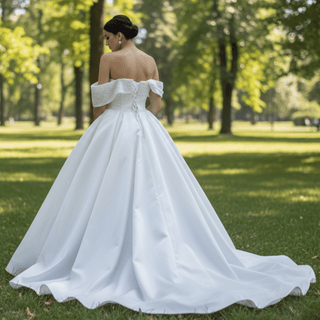 Satin Overskirt Pearl Wedding Dress Off the Shoulder Bridal Gown - Rosymae