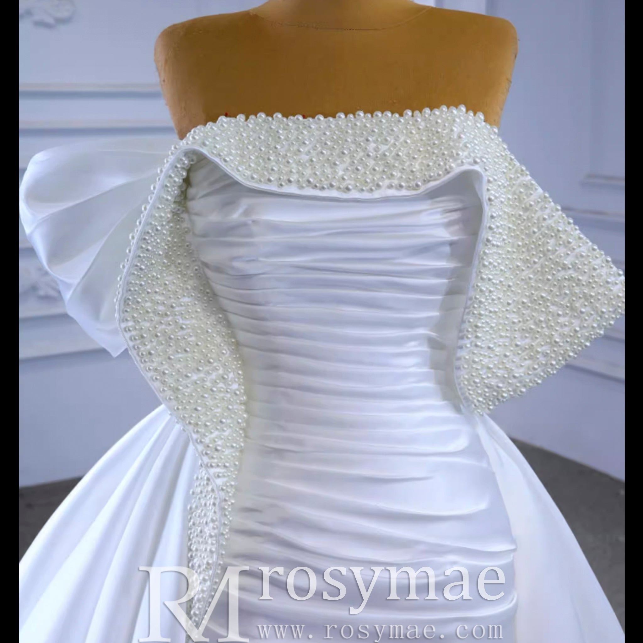 Satin Overskirt Pearl Wedding Dress Off the Shoulder Bridal Gown - Rosymae