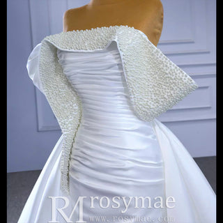 Satin Overskirt Pearl Wedding Dress Off the Shoulder Bridal Gown - Rosymae
