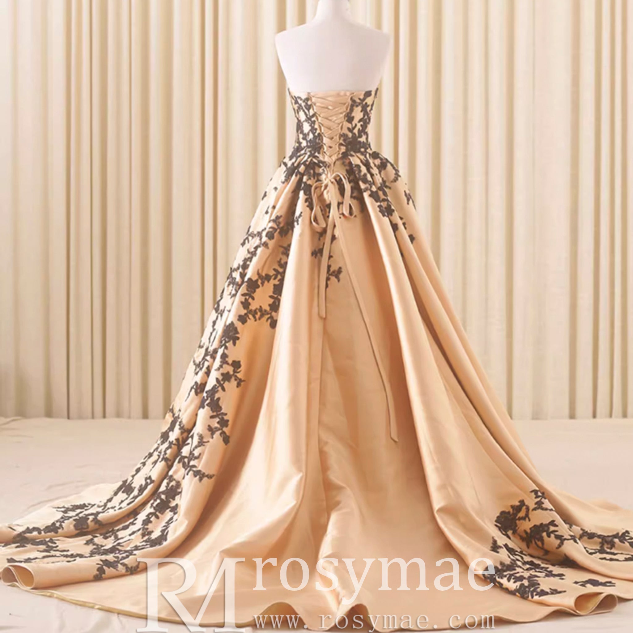 Satin Prom Dress Ball Gown V-Neck Cathedral Train With Lace - Rosymae