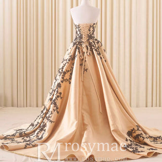 Satin Prom Dress Ball Gown V-Neck Cathedral Train With Lace - Rosymae