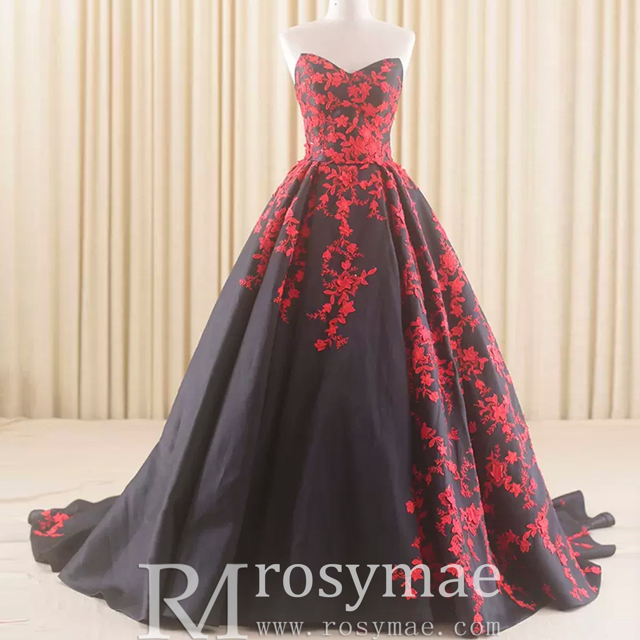 Satin Prom Dress Ball Gown V-Neck Cathedral Train With Lace - Rosymae