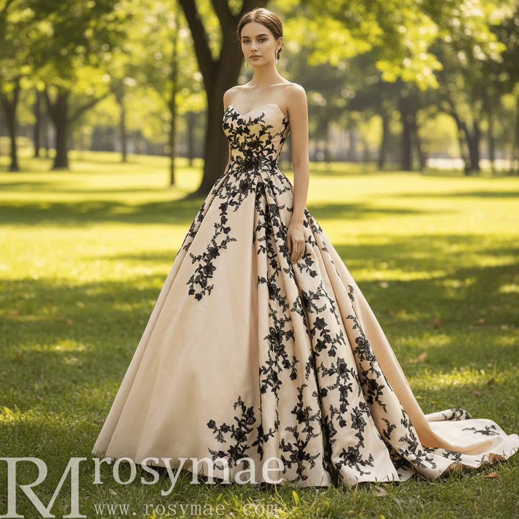 Satin Prom Dress Ball Gown V-Neck Cathedral Train With Lace - Rosymae