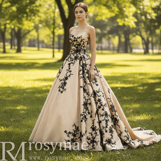 Satin Prom Dress Ball Gown V-Neck Cathedral Train With Lace - Rosymae