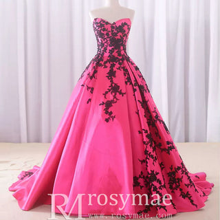 Satin Prom Dress Ball Gown V-Neck Cathedral Train With Lace - Rosymae