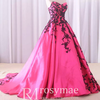 Satin Prom Dress Ball Gown V-Neck Cathedral Train With Lace - Rosymae
