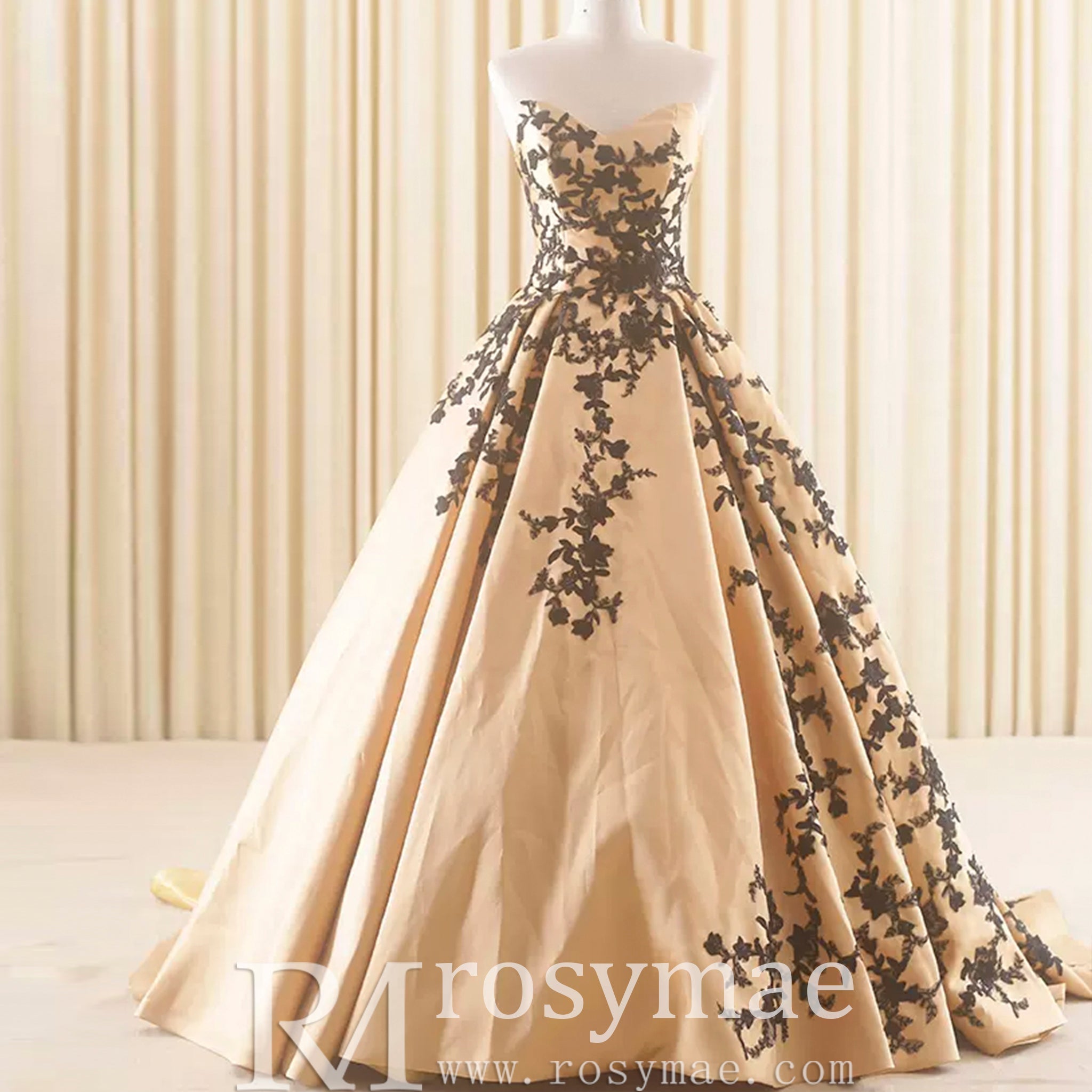 Satin Prom Dress Ball Gown V-Neck Cathedral Train With Lace - Rosymae