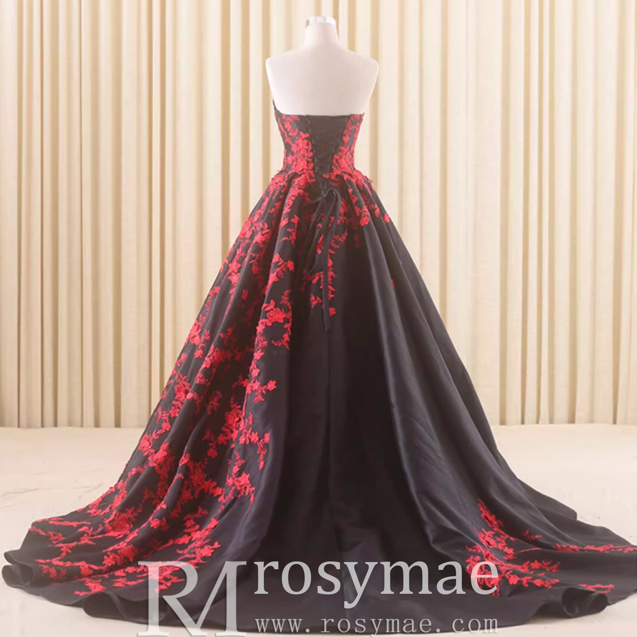 Satin Prom Dress Ball Gown V-Neck Cathedral Train With Lace - Rosymae
