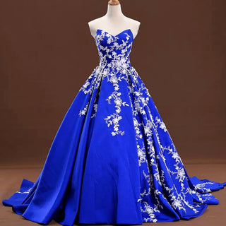 Satin Prom Dress Ball Gown V-Neck Cathedral Train With Lace - Rosymae