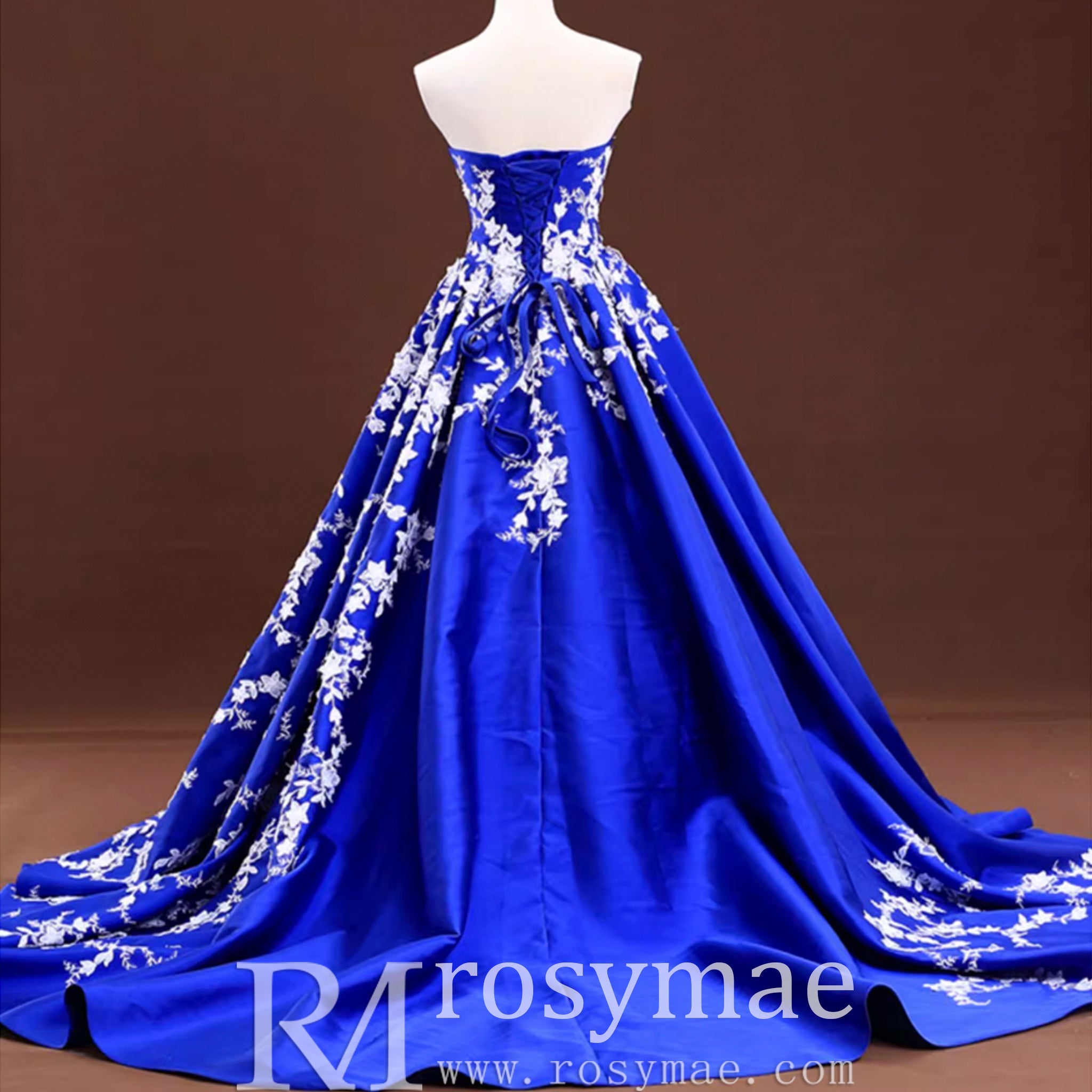Satin Prom Dress Ball Gown V-Neck Cathedral Train With Lace - Rosymae