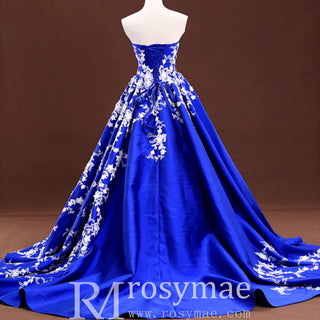 Satin Prom Dress Ball Gown V-Neck Cathedral Train With Lace - Rosymae