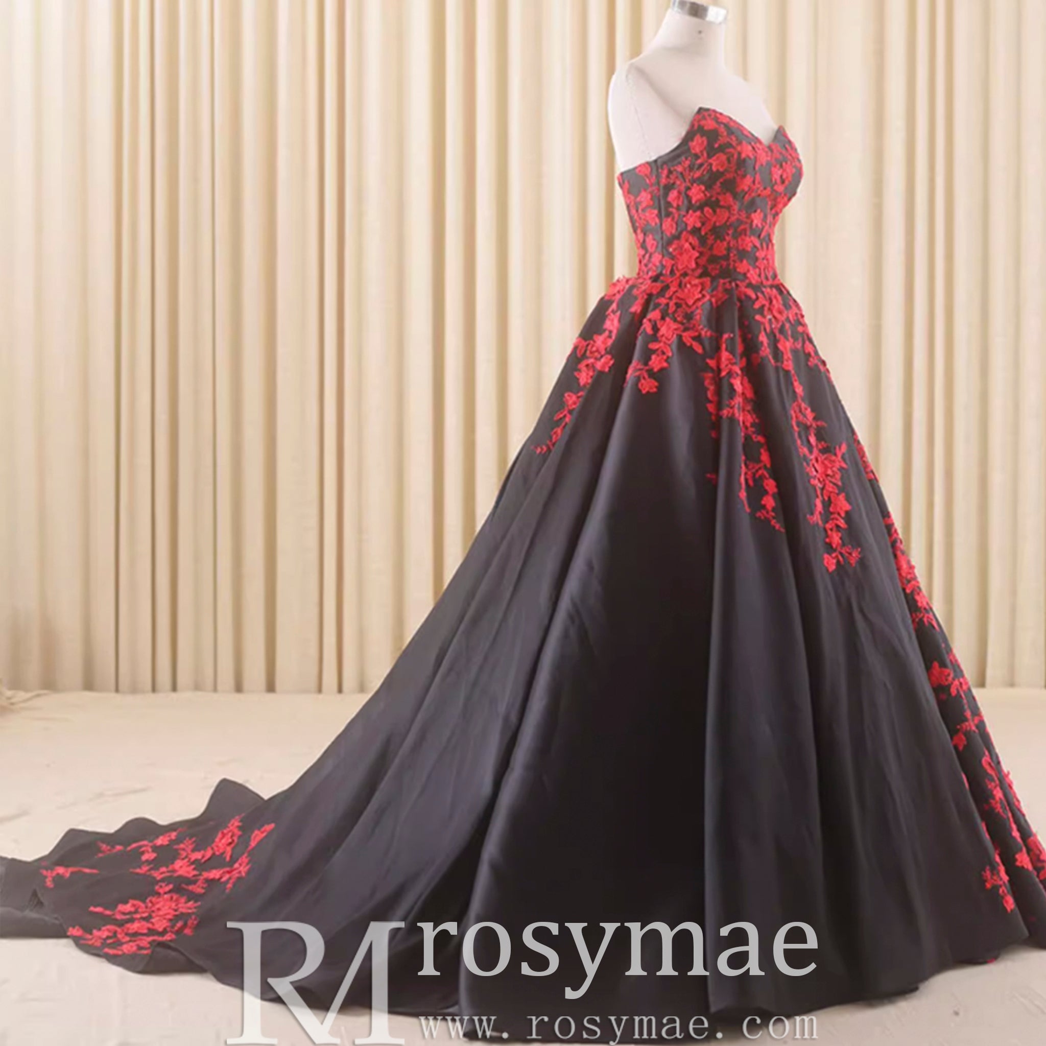 Satin Prom Dress Ball Gown V-Neck Cathedral Train With Lace - Rosymae