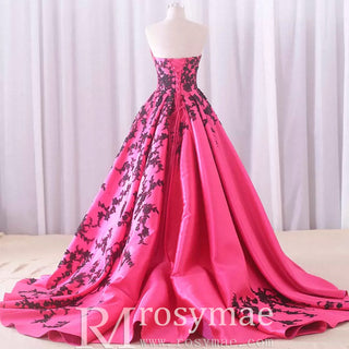 Satin Prom Dress Ball Gown V-Neck Cathedral Train With Lace - Rosymae