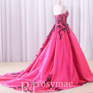 Satin Prom Dress Ball Gown V-Neck Cathedral Train With Lace - Rosymae