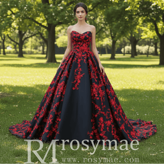 Satin Prom Dress Ball Gown V-Neck Cathedral Train With Lace - Rosymae