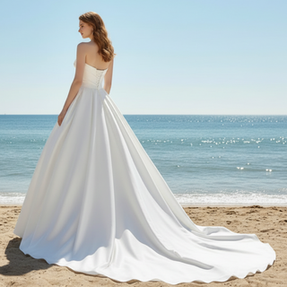 Asymmetrical Neckline Satin Wedding Dress Ruffle Bridal Gown
