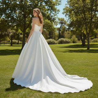 Asymmetrical Neckline Satin Wedding Dress Ruffle Bridal Gown