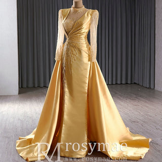 Satin Shining High Neck Long Sleeve Formal Party Prom Gowns - Rosymae