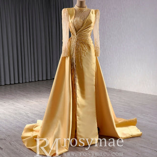 Satin Shining High Neck Long Sleeve Formal Party Prom Gowns - Rosymae