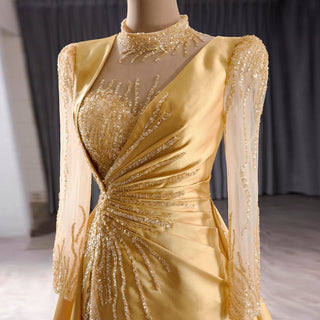 Satin Shining High Neck Long Sleeve Formal Party Prom Gowns - Rosymae