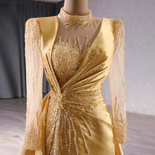 Satin Shining High Neck Long Sleeve Formal Party Prom Gowns - Rosymae