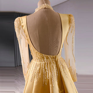 Satin Shining High Neck Long Sleeve Formal Party Prom Gowns - Rosymae