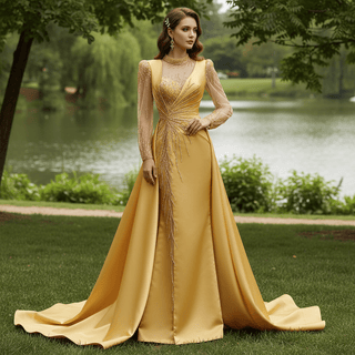 Satin Shining High Neck Long Sleeve Formal Party Prom Gowns - Rosymae
