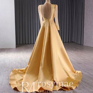 Satin Shining High Neck Long Sleeve Formal Party Prom Gowns - Rosymae
