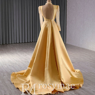 Satin Shining High Neck Long Sleeve Formal Party Prom Gowns - Rosymae