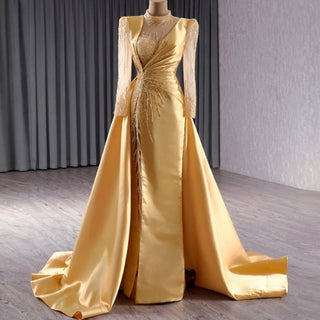 Satin Shining High Neck Long Sleeve Formal Party Prom Gowns - Rosymae