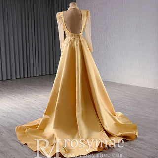 Satin Shining High Neck Long Sleeve Formal Party Prom Gowns - Rosymae
