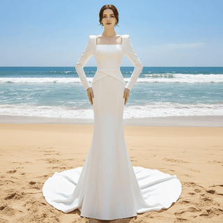 Satin Square Neck Mermaid Wedding Dresses with Long Sleeve - Rosymae