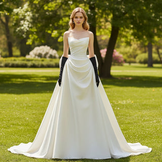 Satin Strapless Curved V-neck Wedding Dress with Bowknot - Rosymae