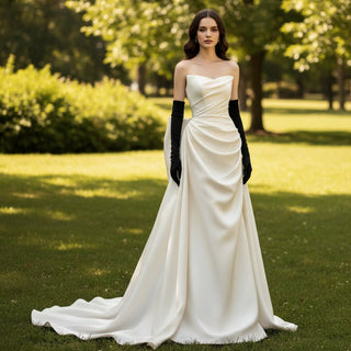 Satin Strapless Curved V-neck Wedding Dress with Bowknot - Rosymae