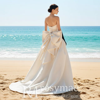 Satin Strapless Curved V-neck Wedding Dress with Bowknot - Rosymae