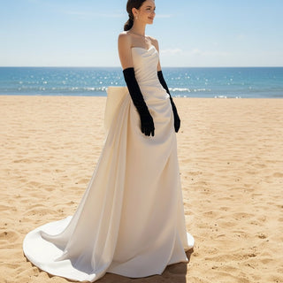 Satin Strapless Curved V-neck Wedding Dress with Bowknot - Rosymae