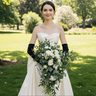 Satin Strapless Curved V-neck Wedding Dress with Bowknot - Rosymae