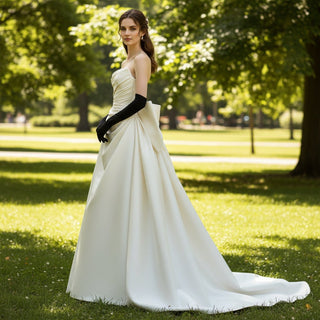 Satin Strapless Curved V-neck Wedding Dress with Bowknot - Rosymae